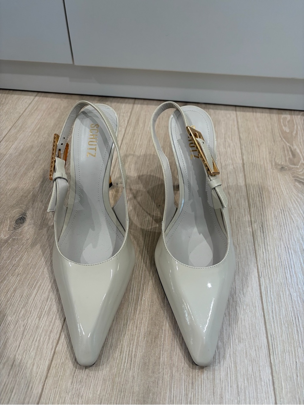 Patent Slingback Pointed Heels in Cream with Gold Buckle - Picture 2 of 3